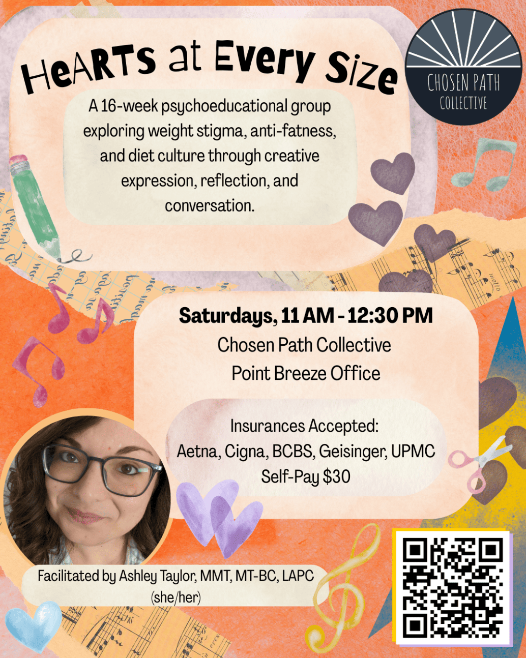 Hearts at Every Size flyer for 18 week group therapy